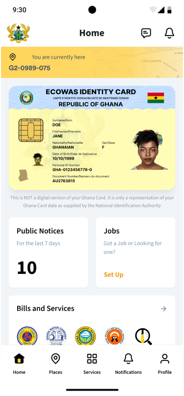 CitizenApp home screen with identity card, public notices, jobs, bills, and services