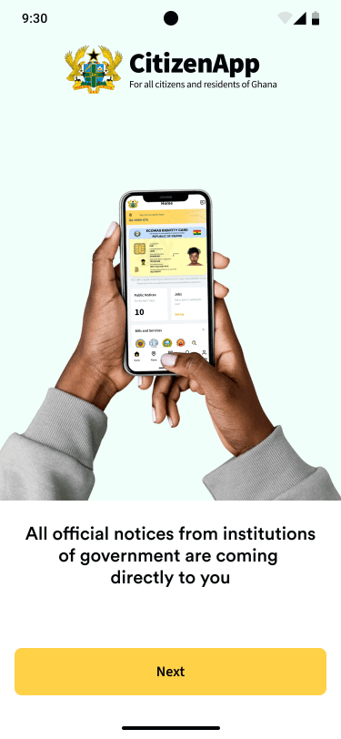 CitizenApp onboarding screen explaining how official notices reach citizens