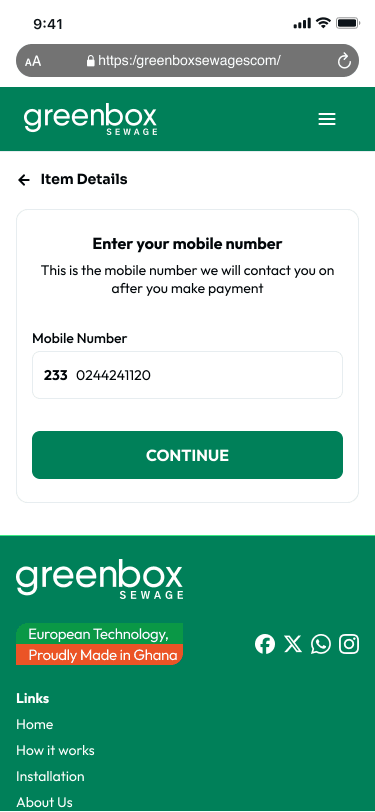 Greenbox Sewage mobile product screen