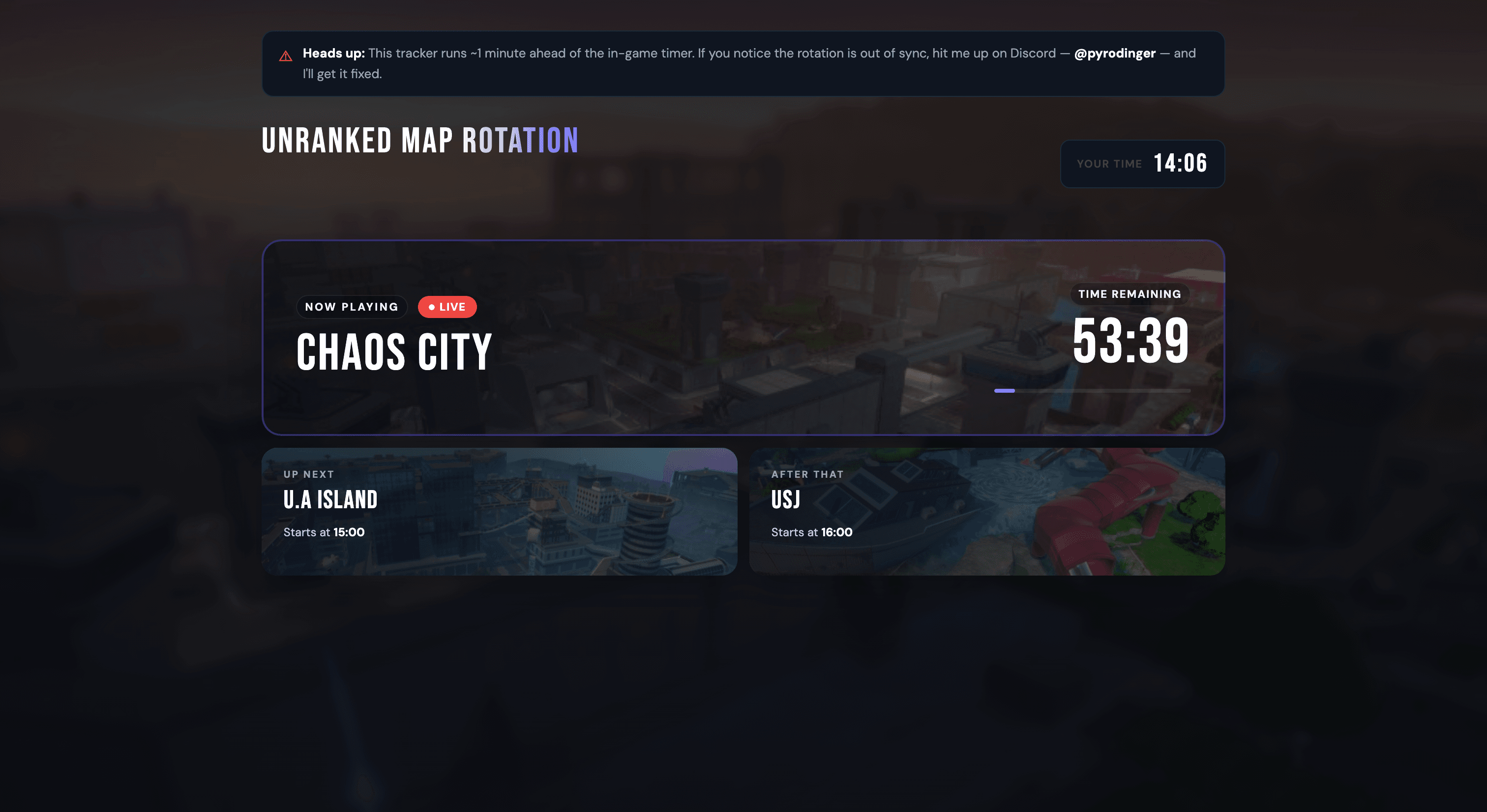 Initial MHUR map tracker showing only the unranked rotation with the live map, the next map, and the map after that.