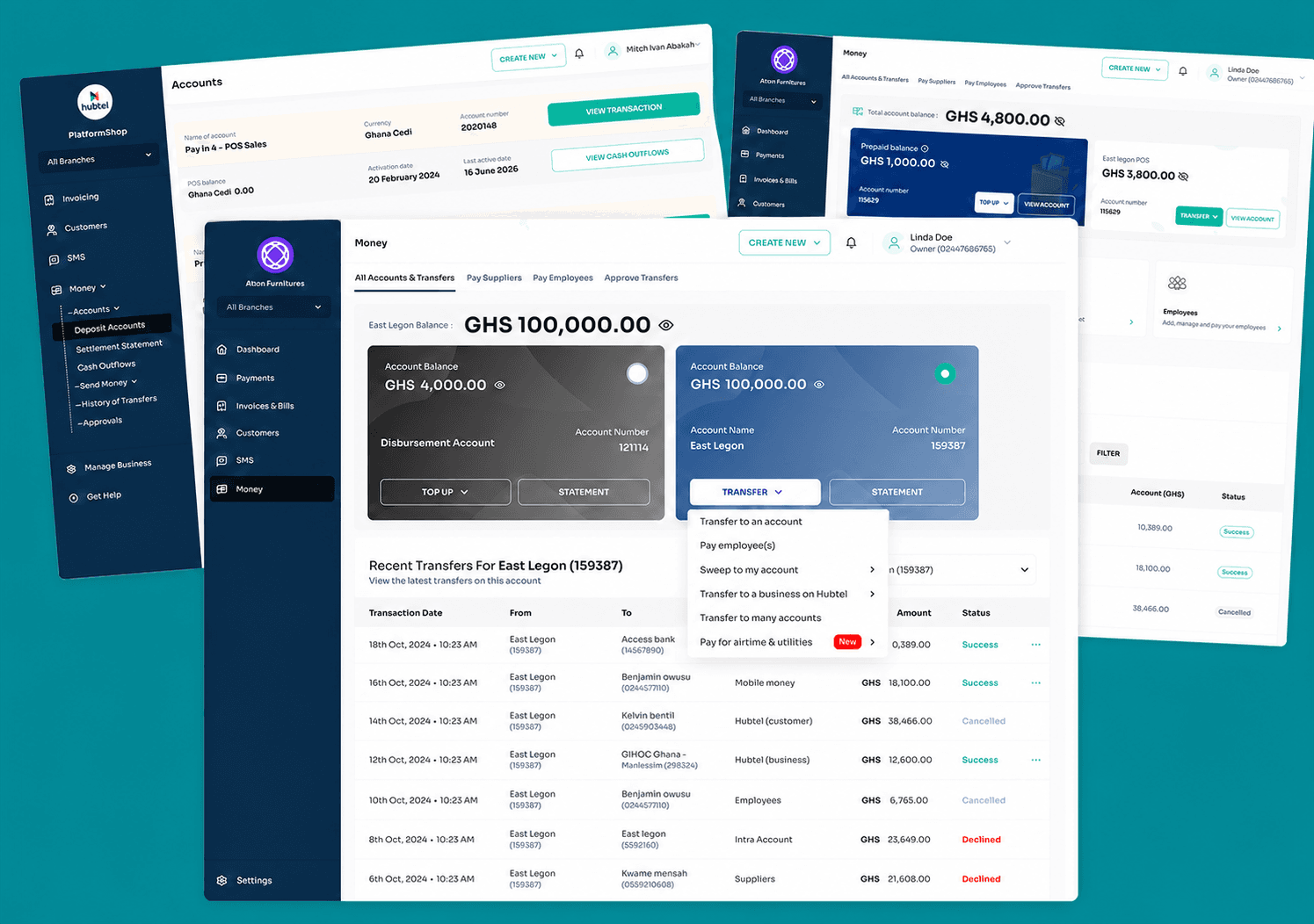 Hubtel BackOffice Money workspace — account balance cards, transfer actions, and recent transactions