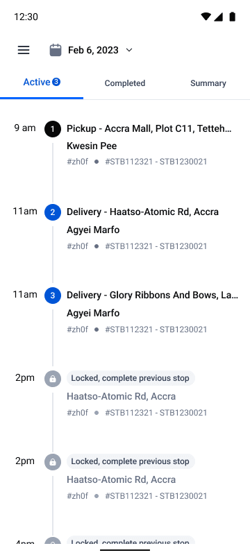 Mobile trip screen showing active pickup and delivery stops in sequence, with later stops locked until previous work is completed.