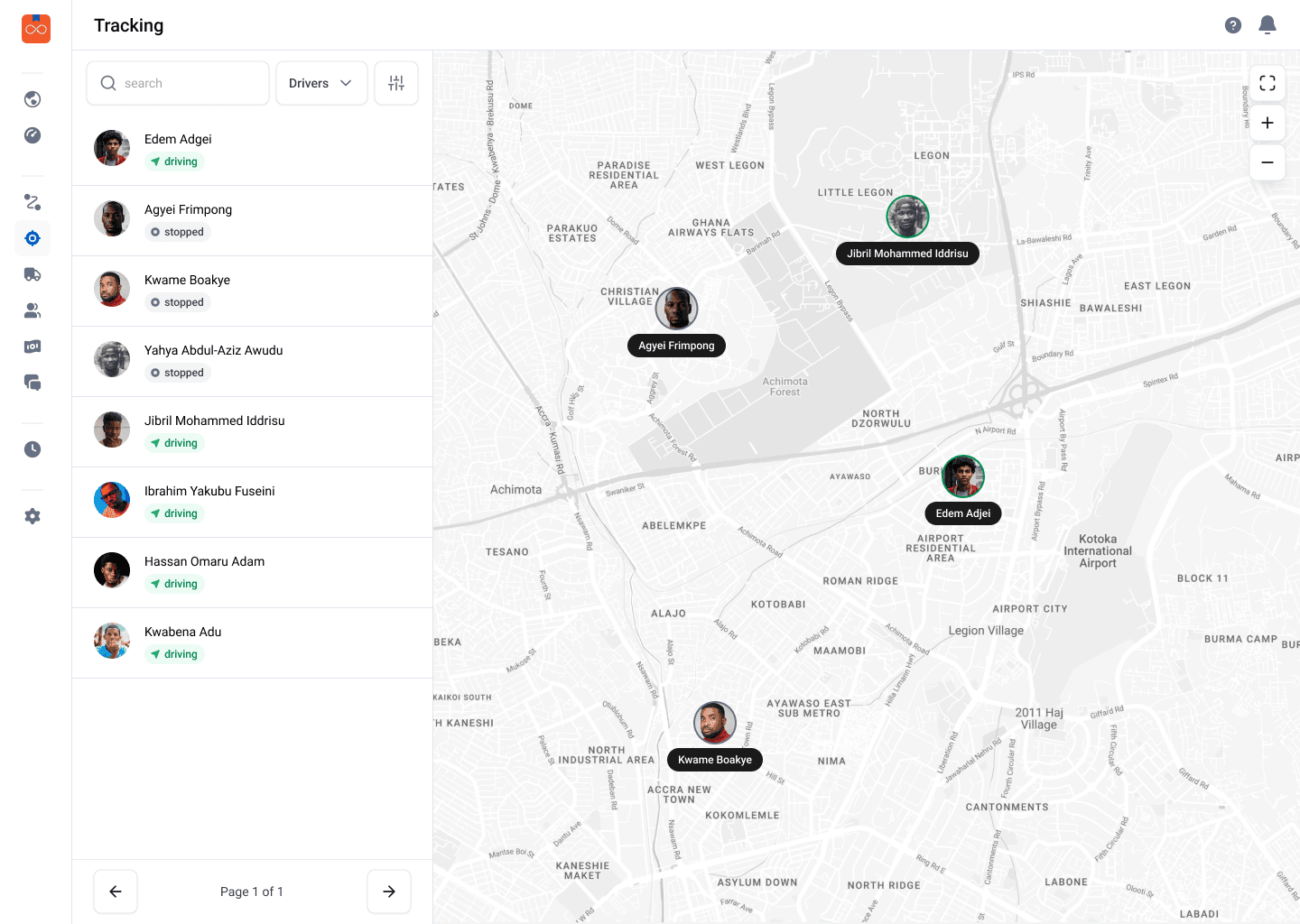 Live tracking map with a searchable list of drivers and their driving or stopped status.