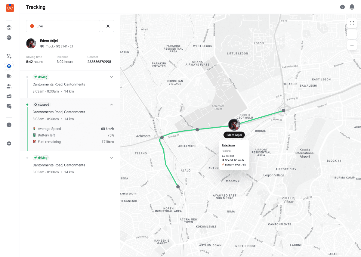 Driver tracking timeline showing a mapped route, driving and idle time, speed, phone battery, and remaining fuel.
