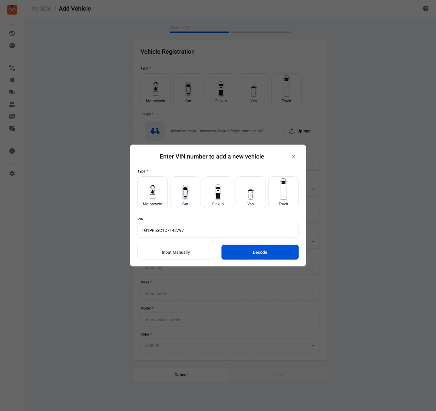 Vehicle registration flow asking the user to select a vehicle type and enter a VIN.