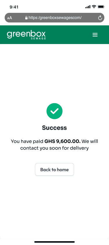 Greenbox Sewage mobile checkout screen